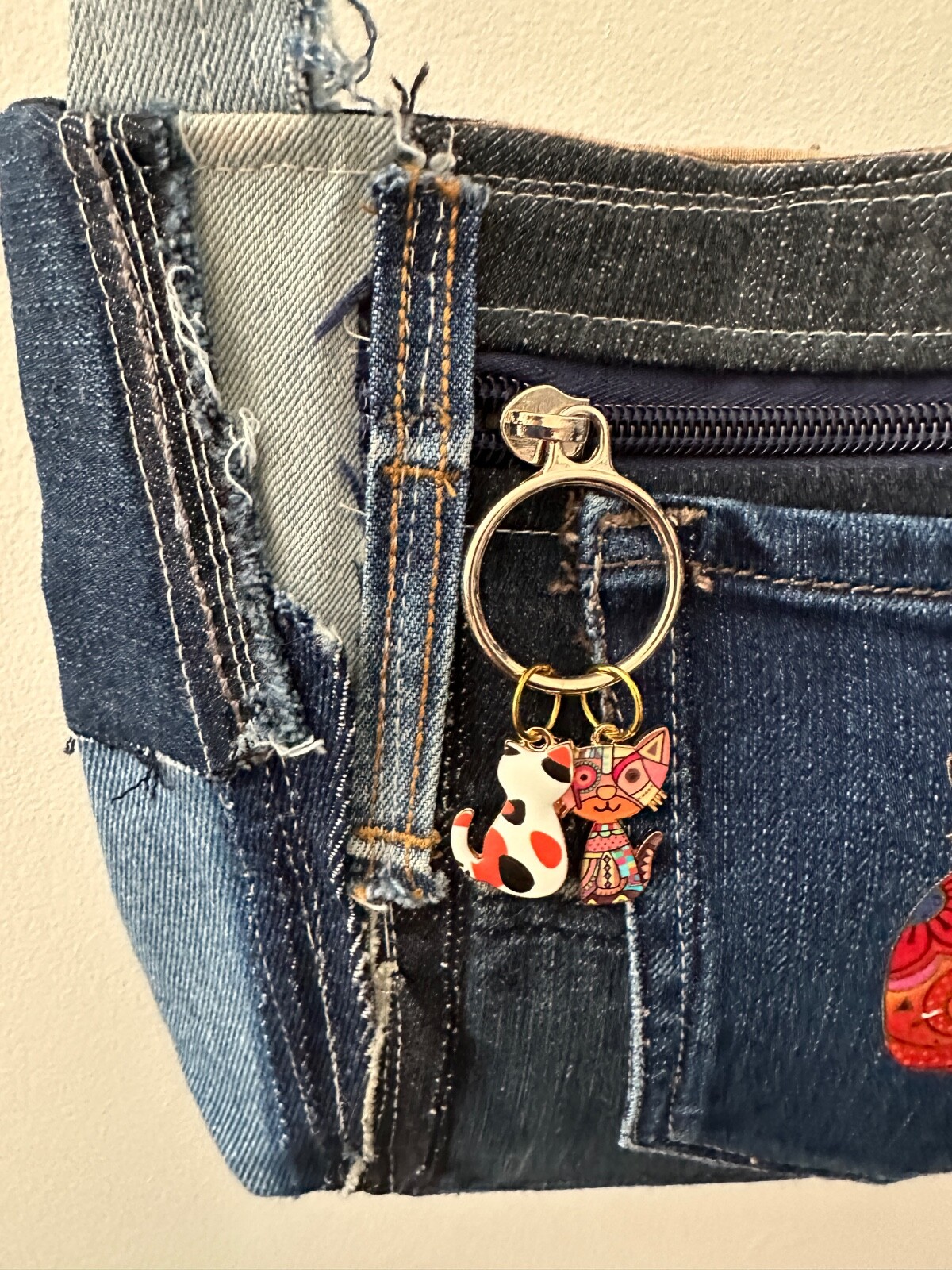 Recycled DENIM Small CROSSBODY bag purse, tassel, handbag *HANDMADE* cat charms