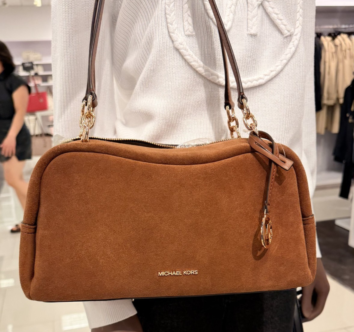 Michael Kors Cecily Medium Shoulder Purse Bag Suede Leather Luggage