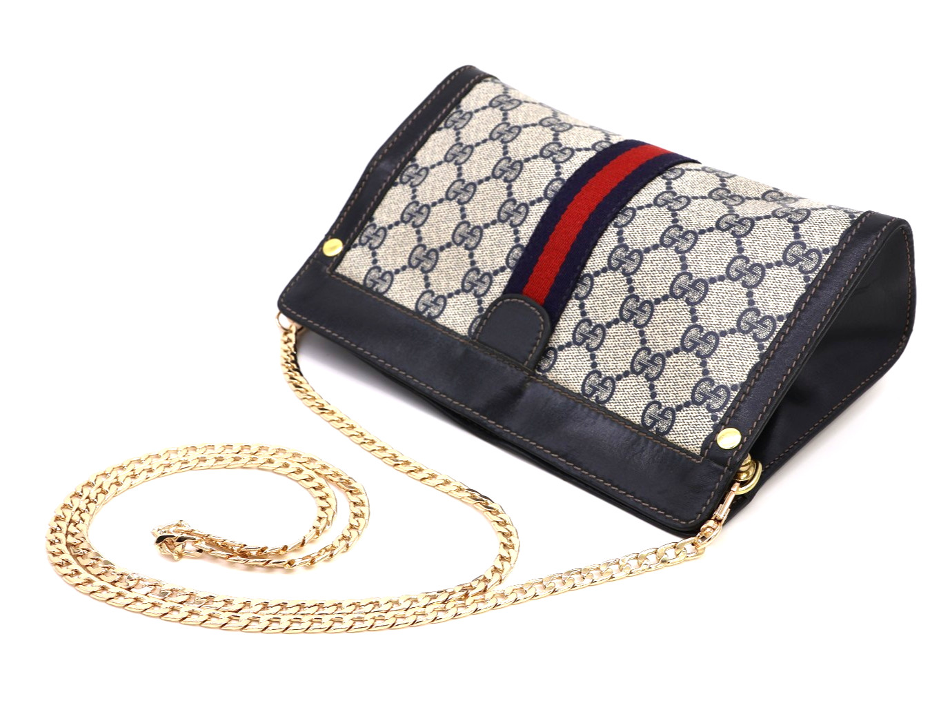 GUCCI VINTAGE GG Supreme Shoulder Bag Chain Strap Sherry Navy Classic Authentic