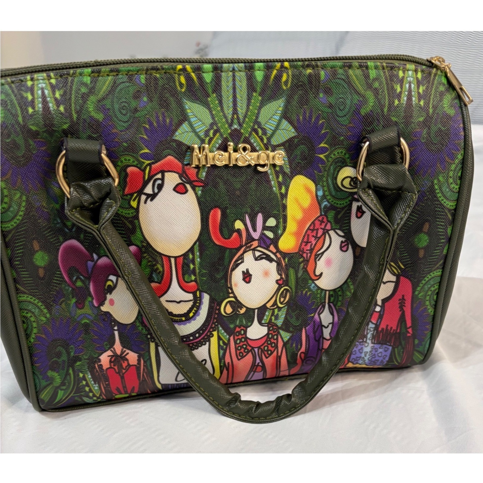 Mei&ge Womens Cartoon Character Print Satchel Handbag Olive Green Gold Hardware