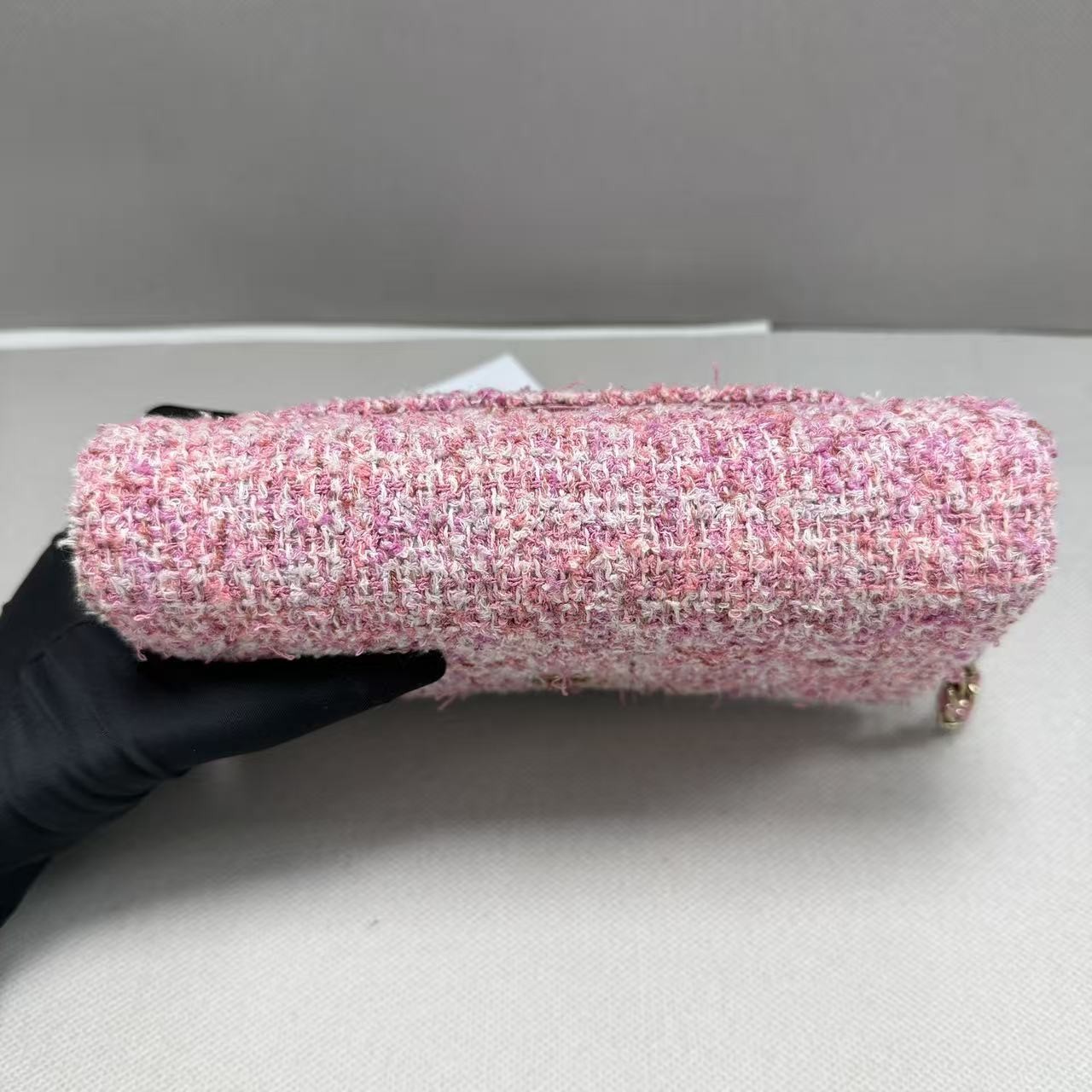 AUTH Chanel Classic Flap Pink Multicolor Tweed Gold‑Tone Interlocking CC Chain/