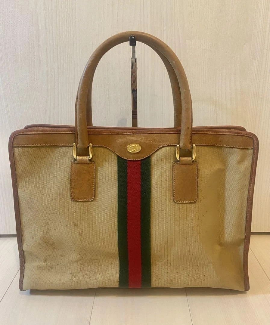 Gucci Accessory Collection Vintage Tote Sherry Line GG Canvas Leather Auth Italy