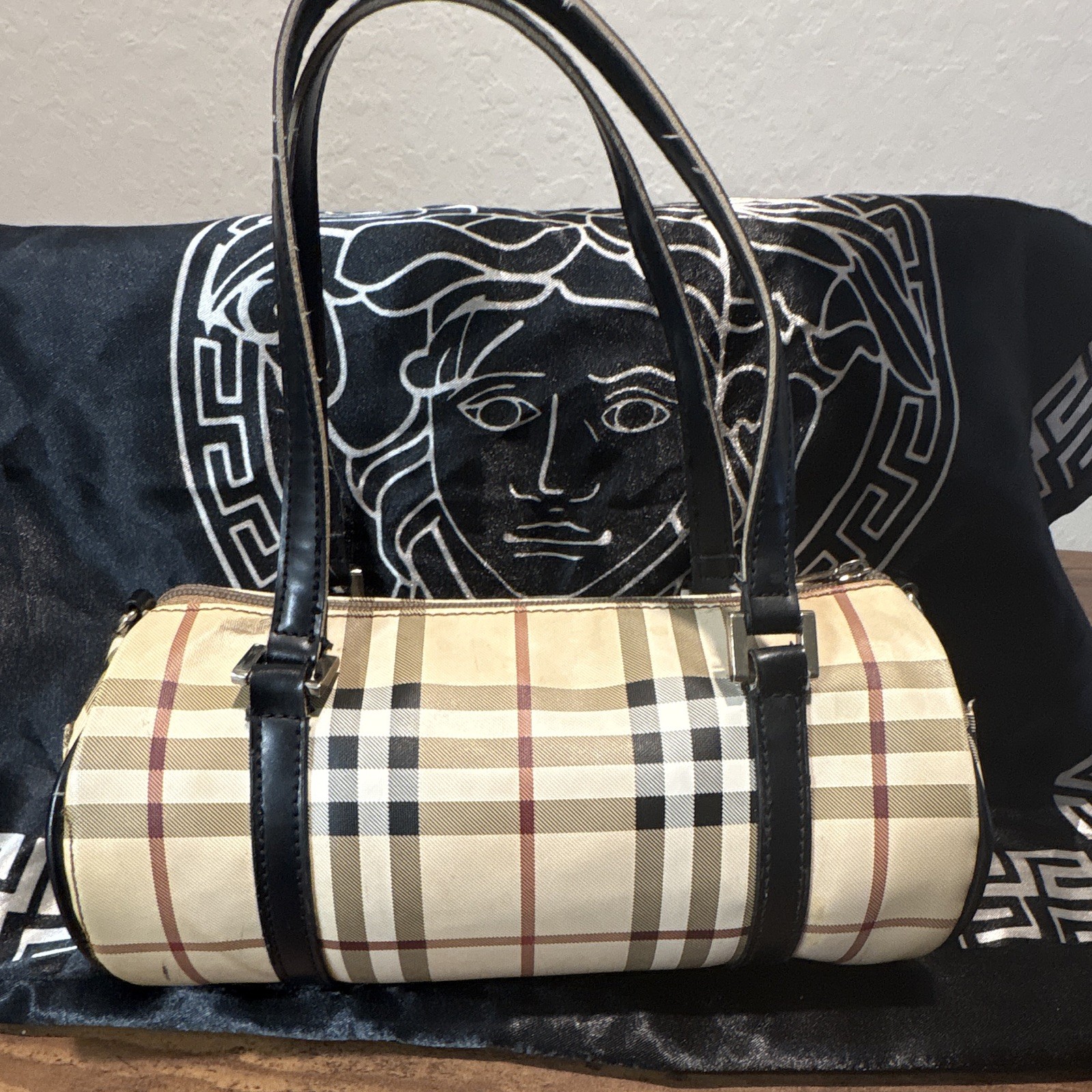 Burberry Beige Plaid Cylinder Top Handle Bag Zip Closure Inner Pockets Silver
