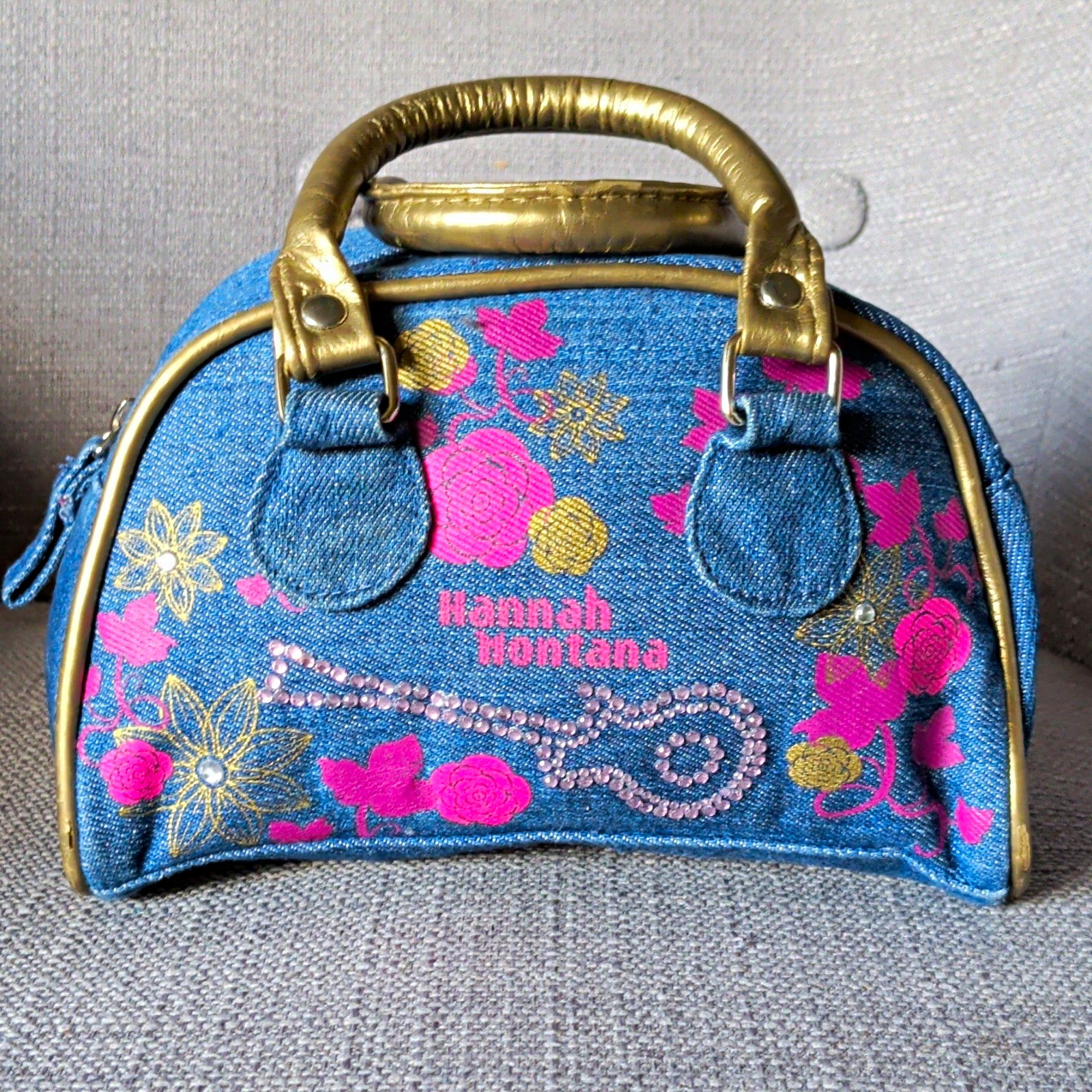 Disney Y2K Hannah Montana Floral Rhinestone Guitar Bag Gold Handles Blue Denim