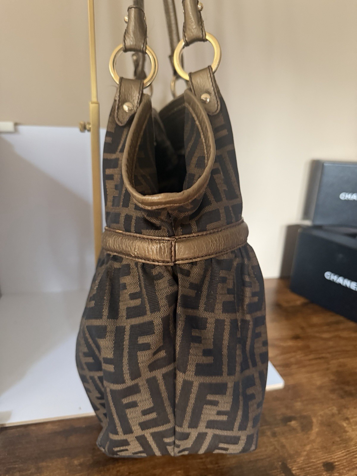 Fendi Large Zucca Chef Tote Bag FF Monogram Bronze Leather Shoulder Bag Charm