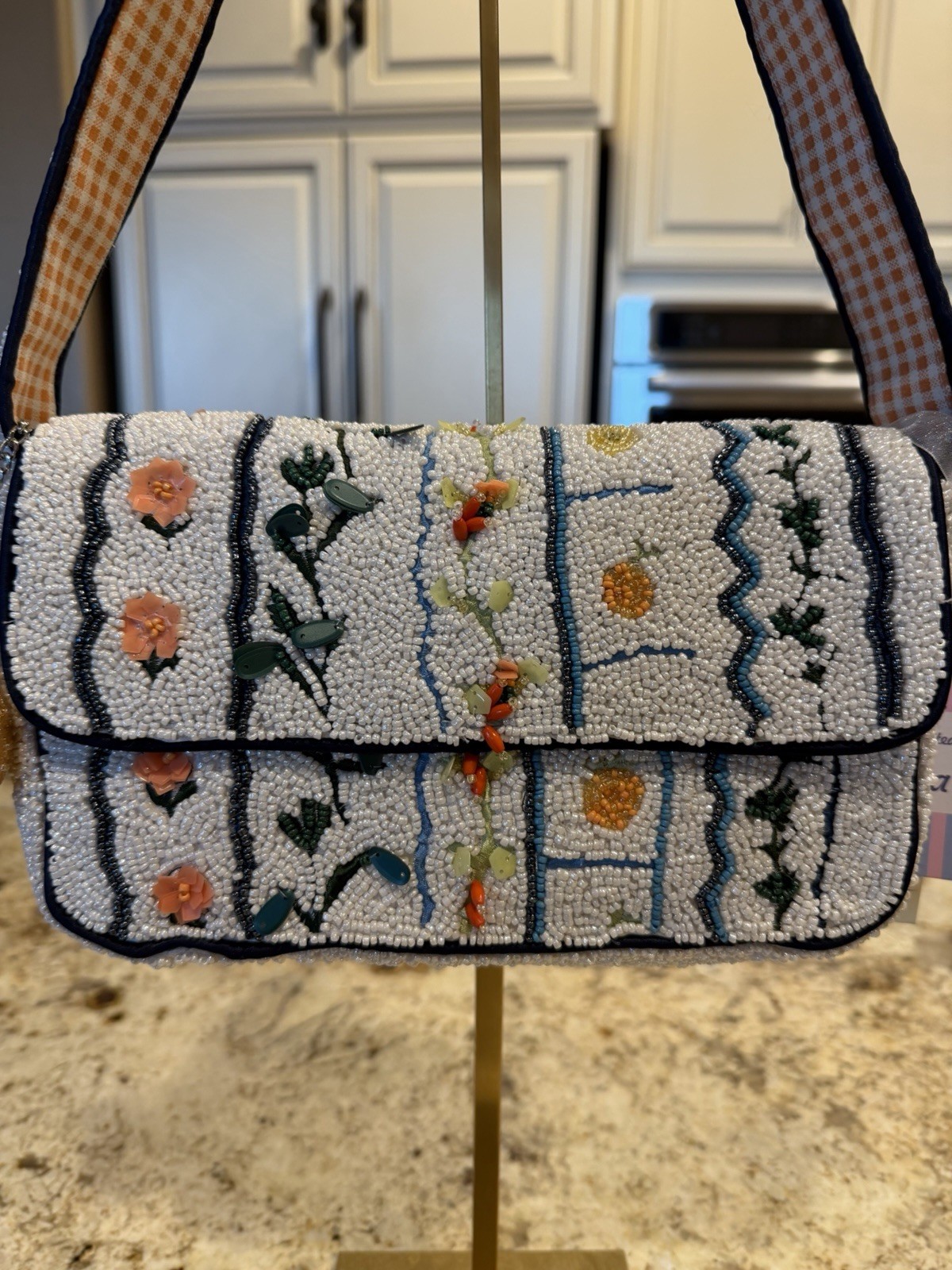 New Release! Handcrafted in India Beaded Floral Shoulder Bag w/ peach bag charm