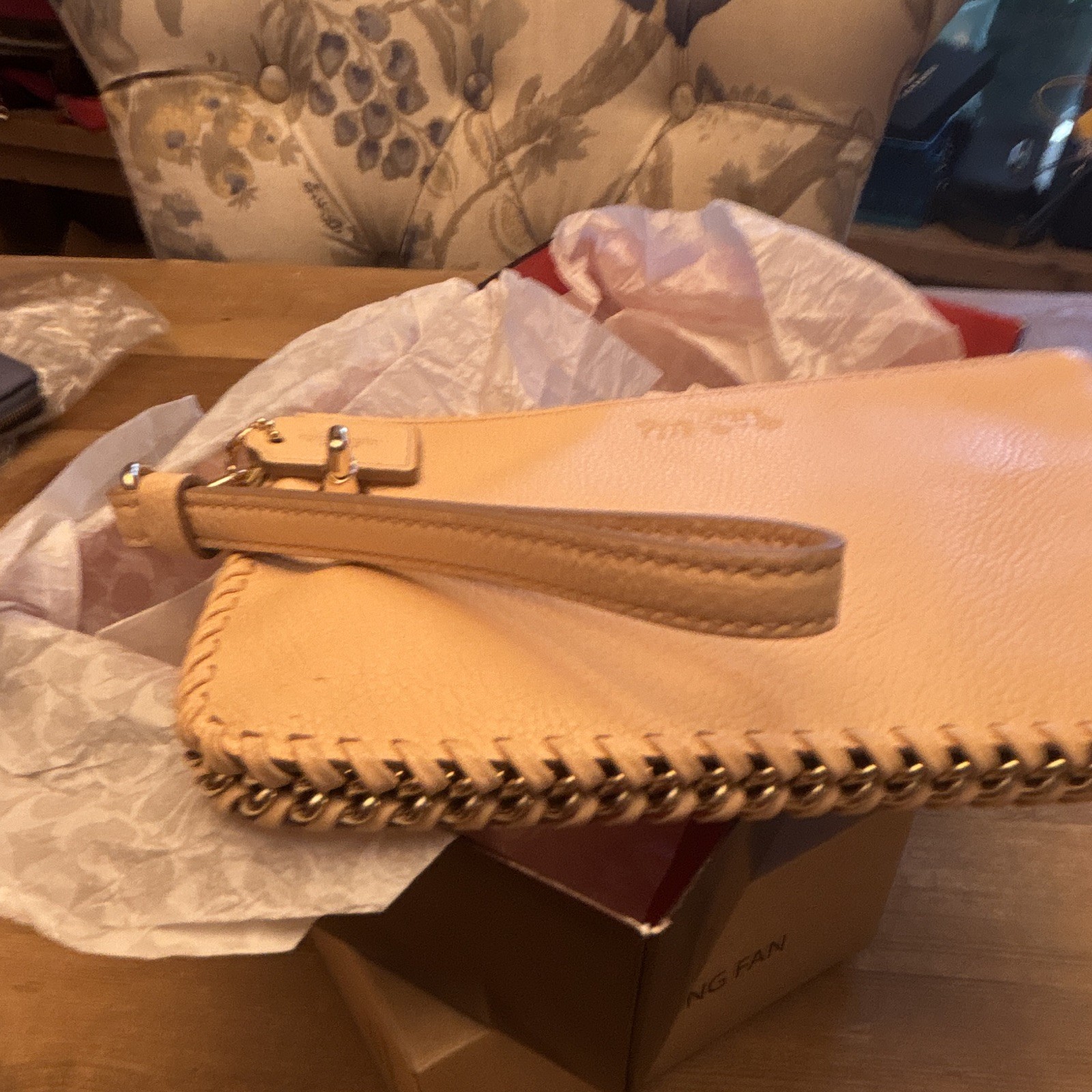 Coach Beige Women’s Wristlet, Zip Closure, Pebbled Finish, Gold Chain Accent