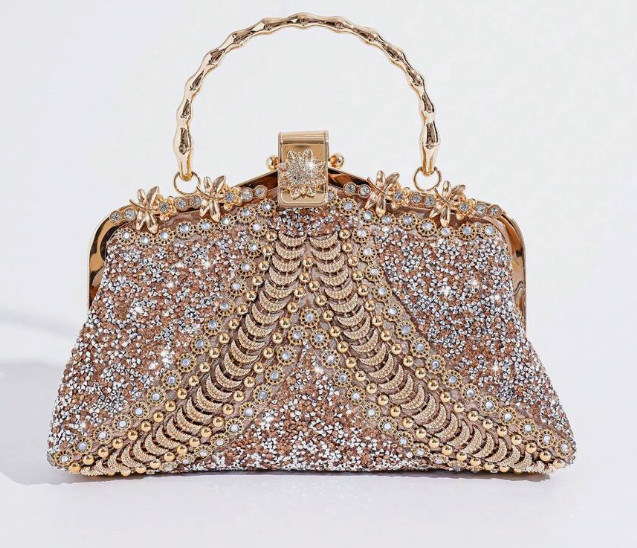 EVENING BAG-Champagne Rhinestone Decorated Metal Handle Clutch Purse, Luxury