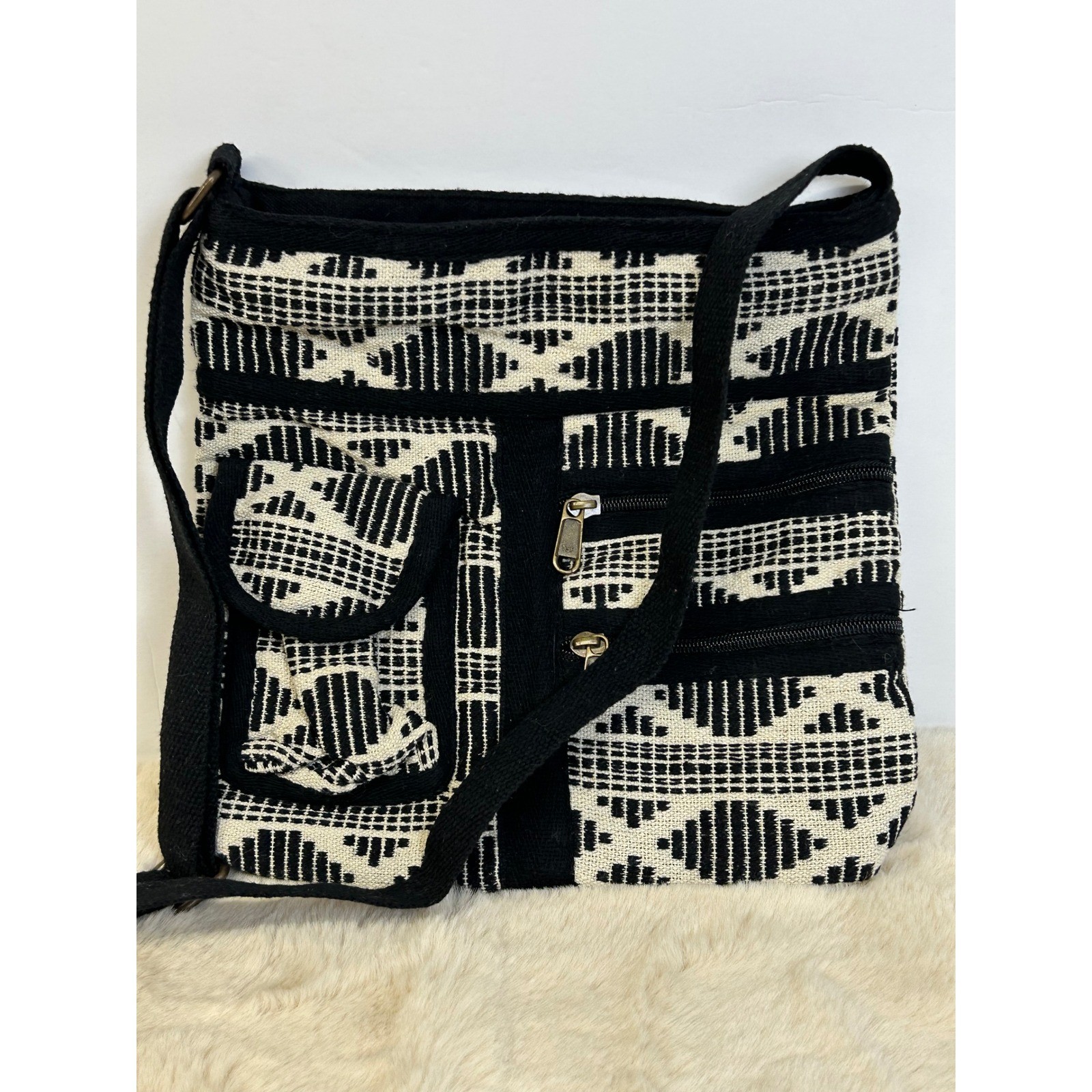 Woven Geometric Crossbody Bag Black White Artisan Messenger Made in India