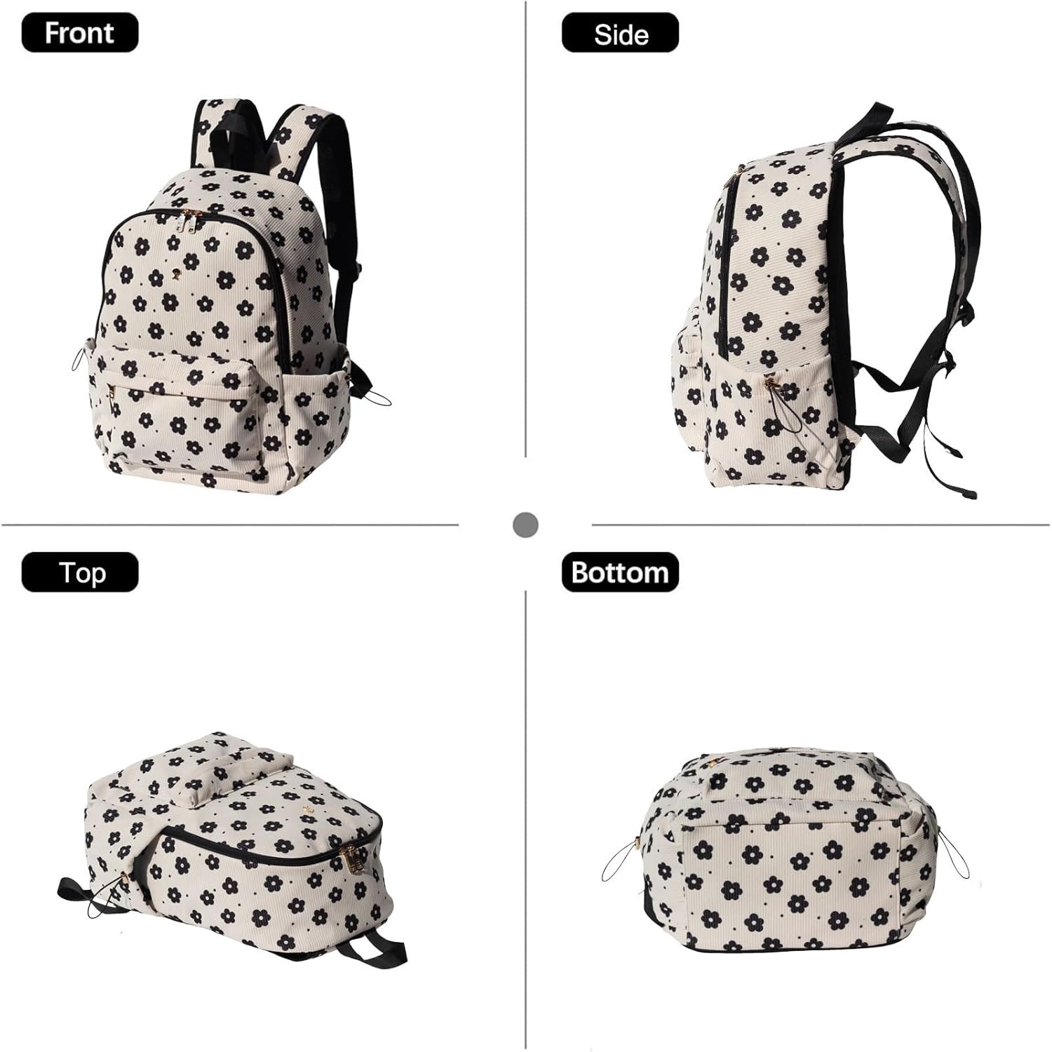 Corduroy Backpack, Lightweight 17 inch Laptop, 17.3 x 11.8 x 6.7, Black flower