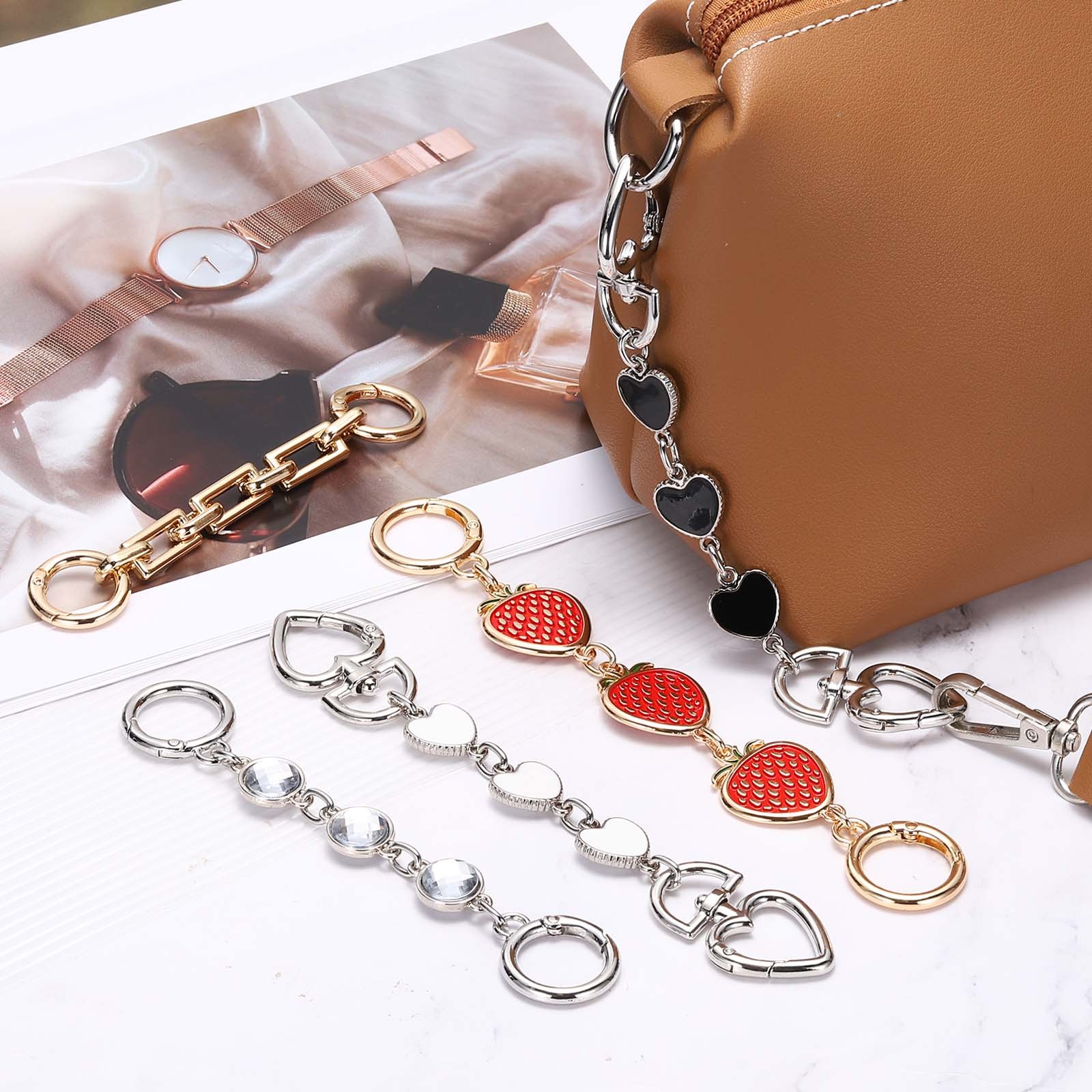 2PCS 6.7″ Purse Extender Chain Metal Pink Strawberry Decorative Chain Gold