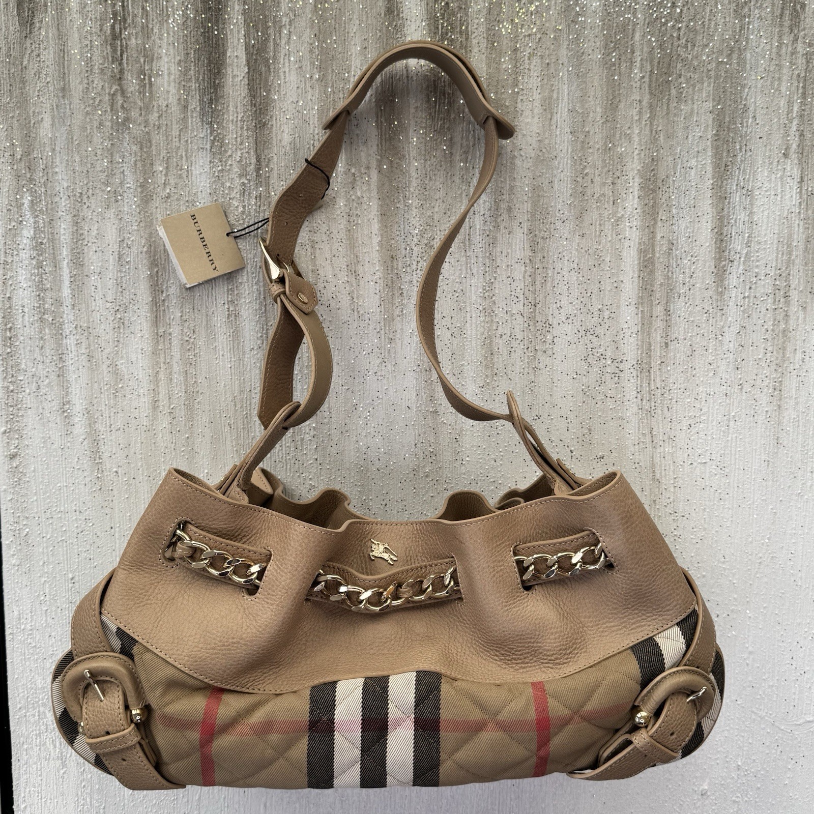 NWT Authentic Burberry Margaret House Check Gold Chain Shoulder Bag Rare VTG Y2K