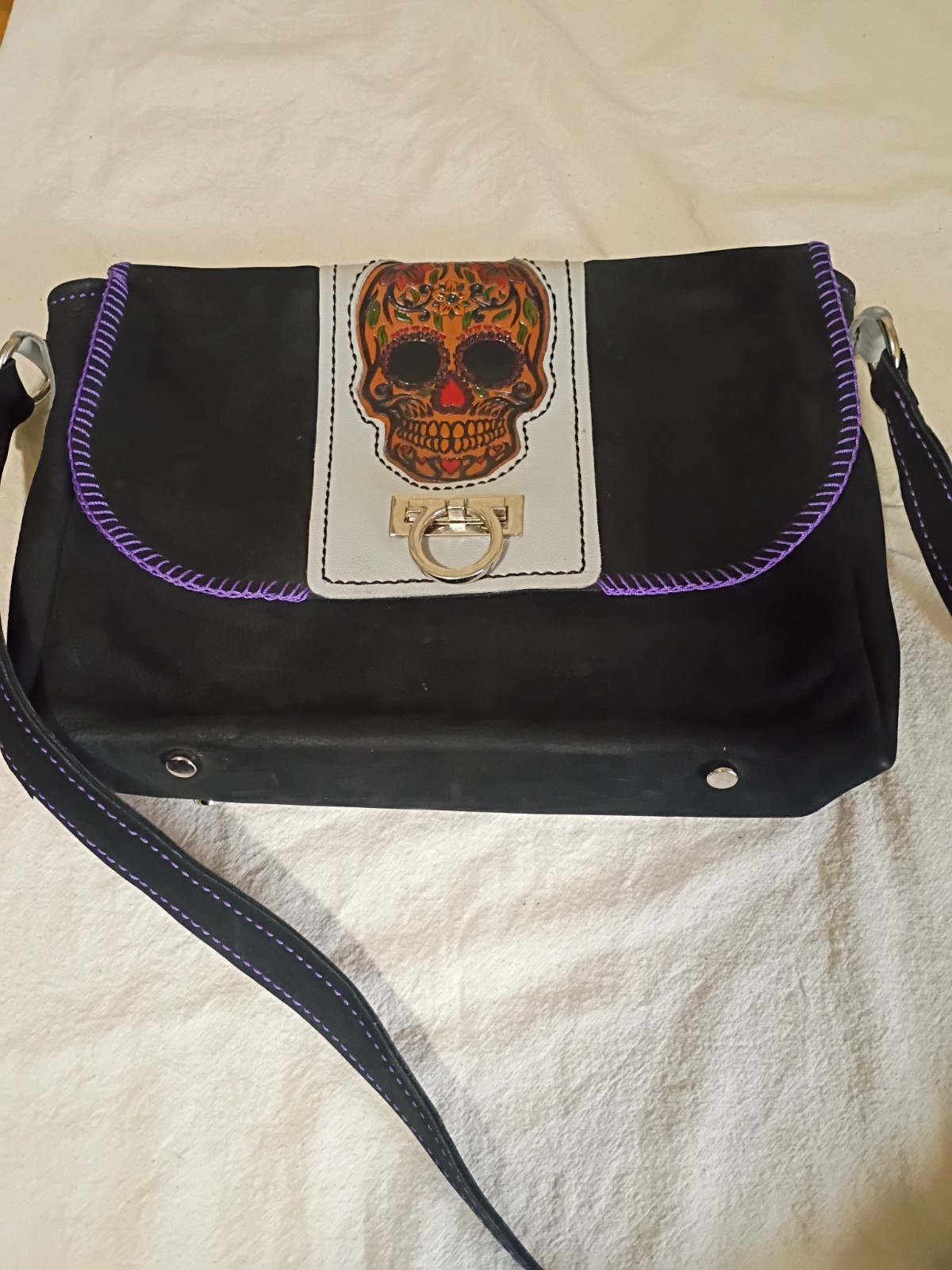 Hand Stitched Black & Purple Sugar Skull Leather Purse w/ Wallet B21