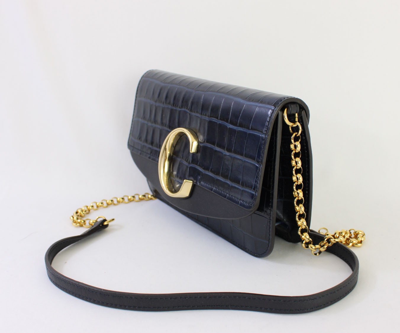 Chloé Auth C Navy Blue Croc Embossed Leather Shoulder Bag Handbag