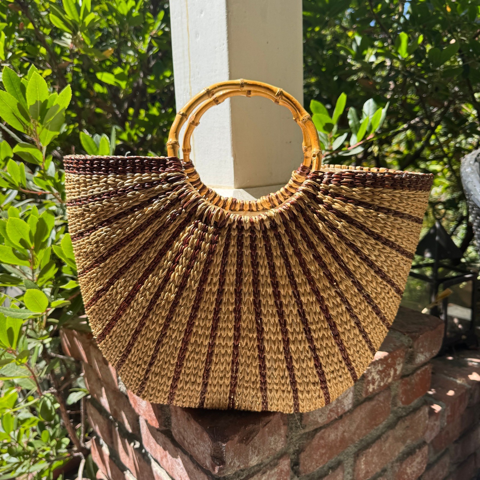 United Colors of Benetton Woven Straw Fan Tote Bag Bamboo Handles Beige Brown