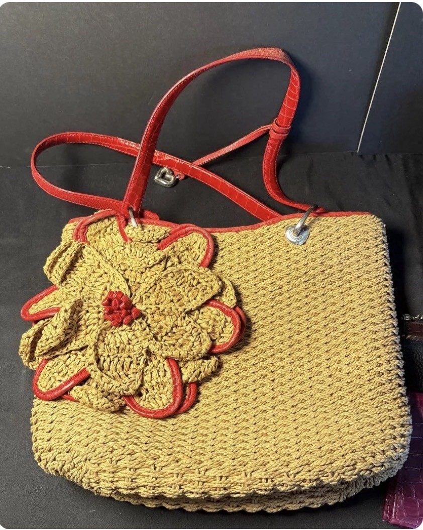 Brighton Medium Beige Red Flower Applique Tote Shoulder Bag Lined Open Top
