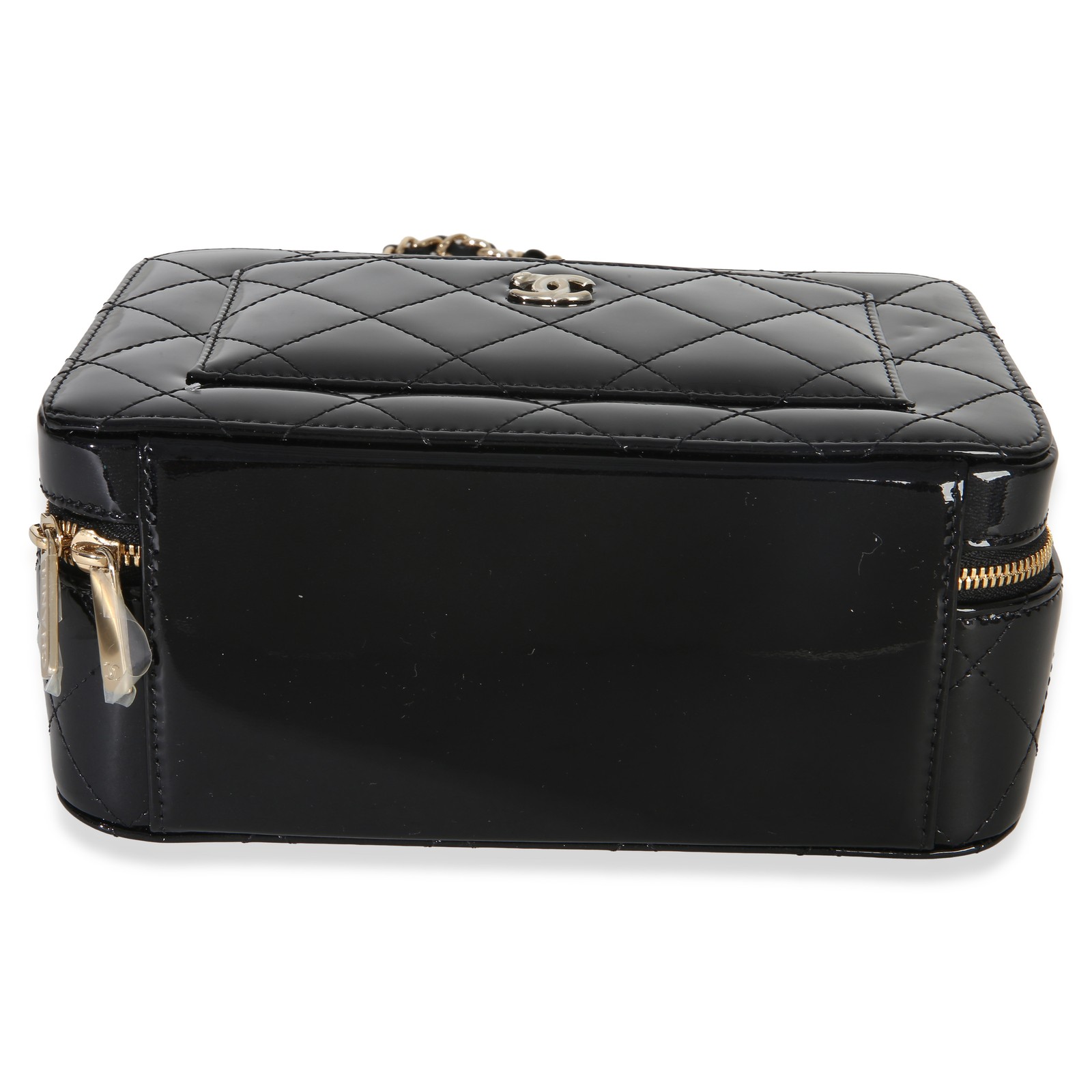 Chanel Black Quilted Patent Top Handle Vanity With Chain