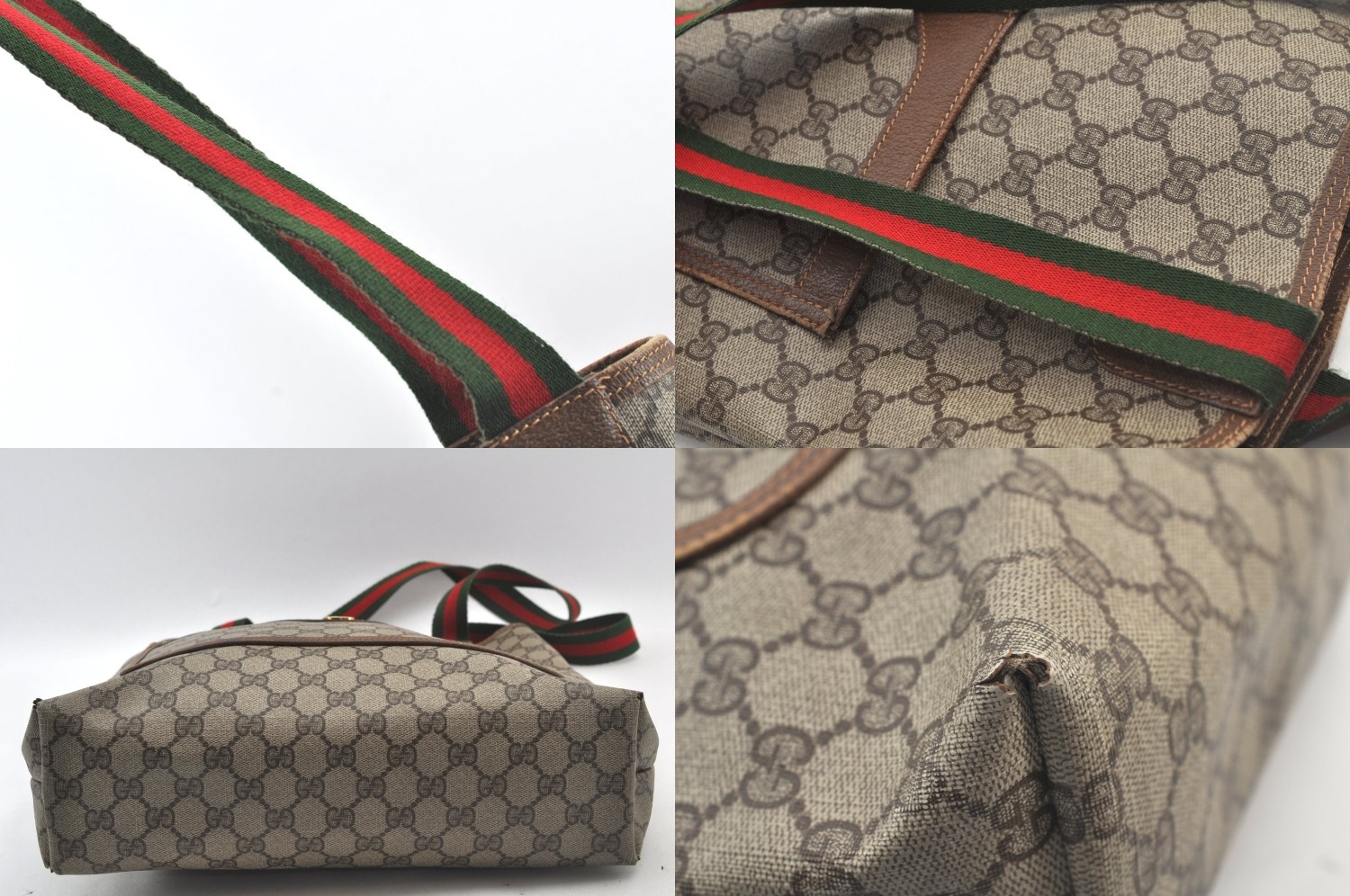 Authentic GUCCI Web Sherry Line Shoulder Tote Bag GG PVC Leather Brown AB273