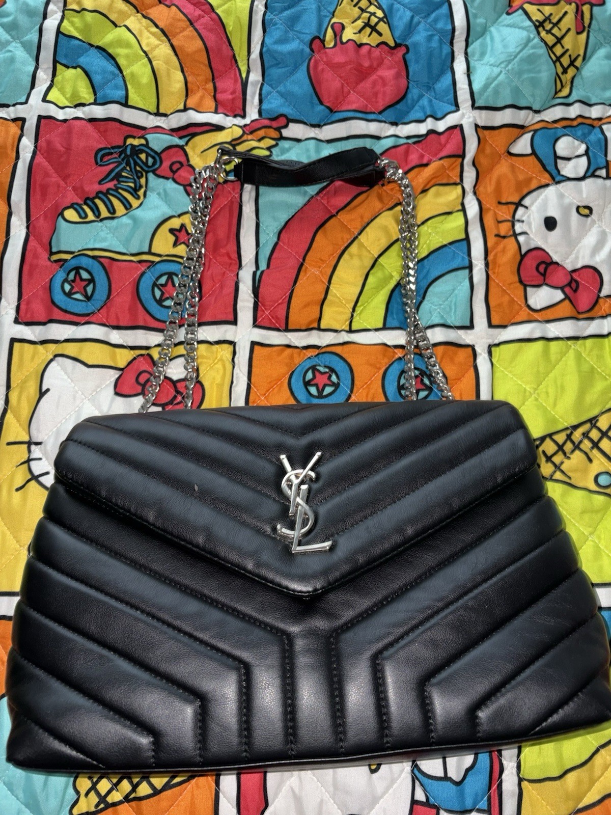 Saint Laurent Black Chevron Quilted Medium Shoulder Bag Silver Chain Strap