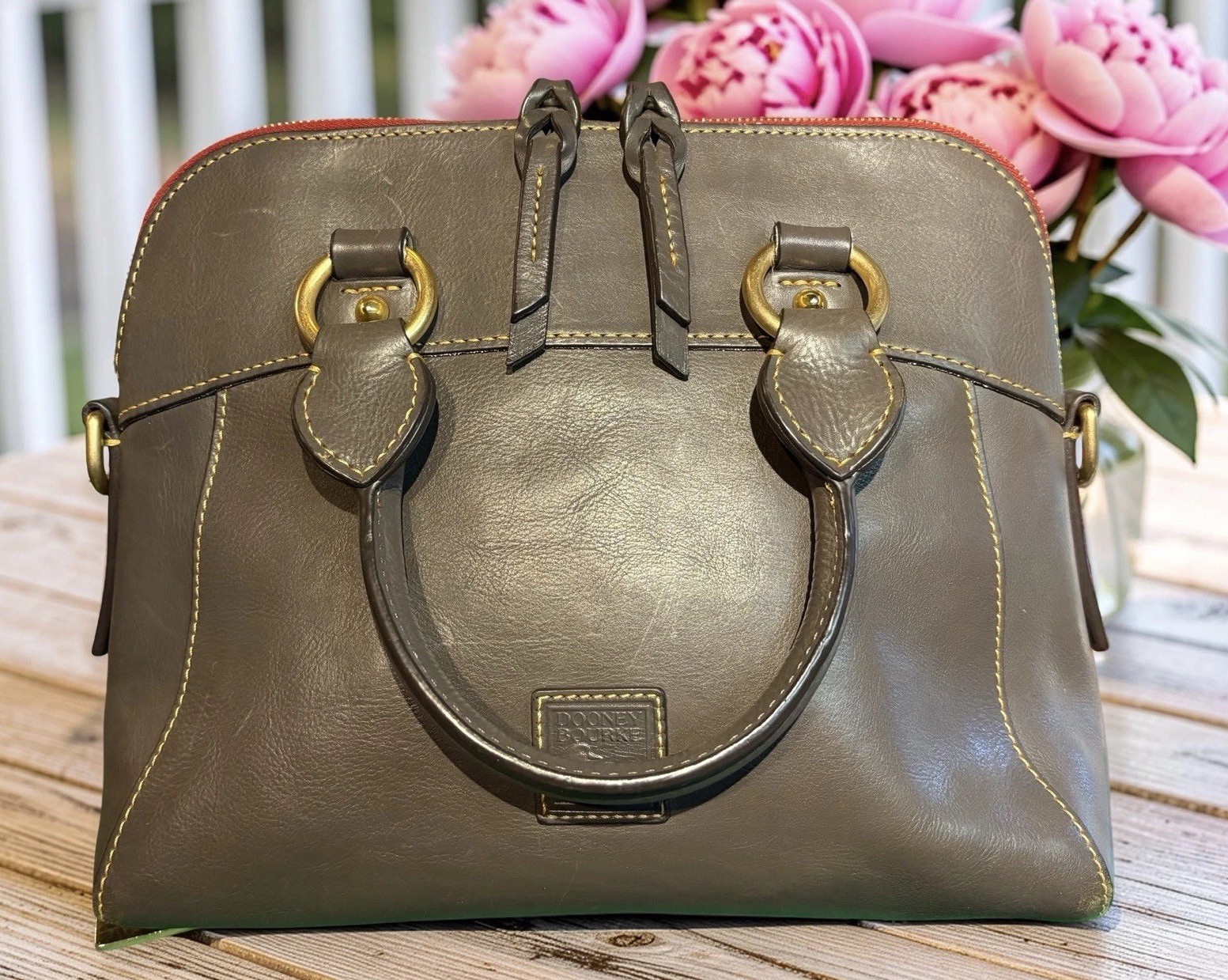 Dooney Bourke Elephant Gray Cameron Florentine Vacchetta Leather Satchel Bag