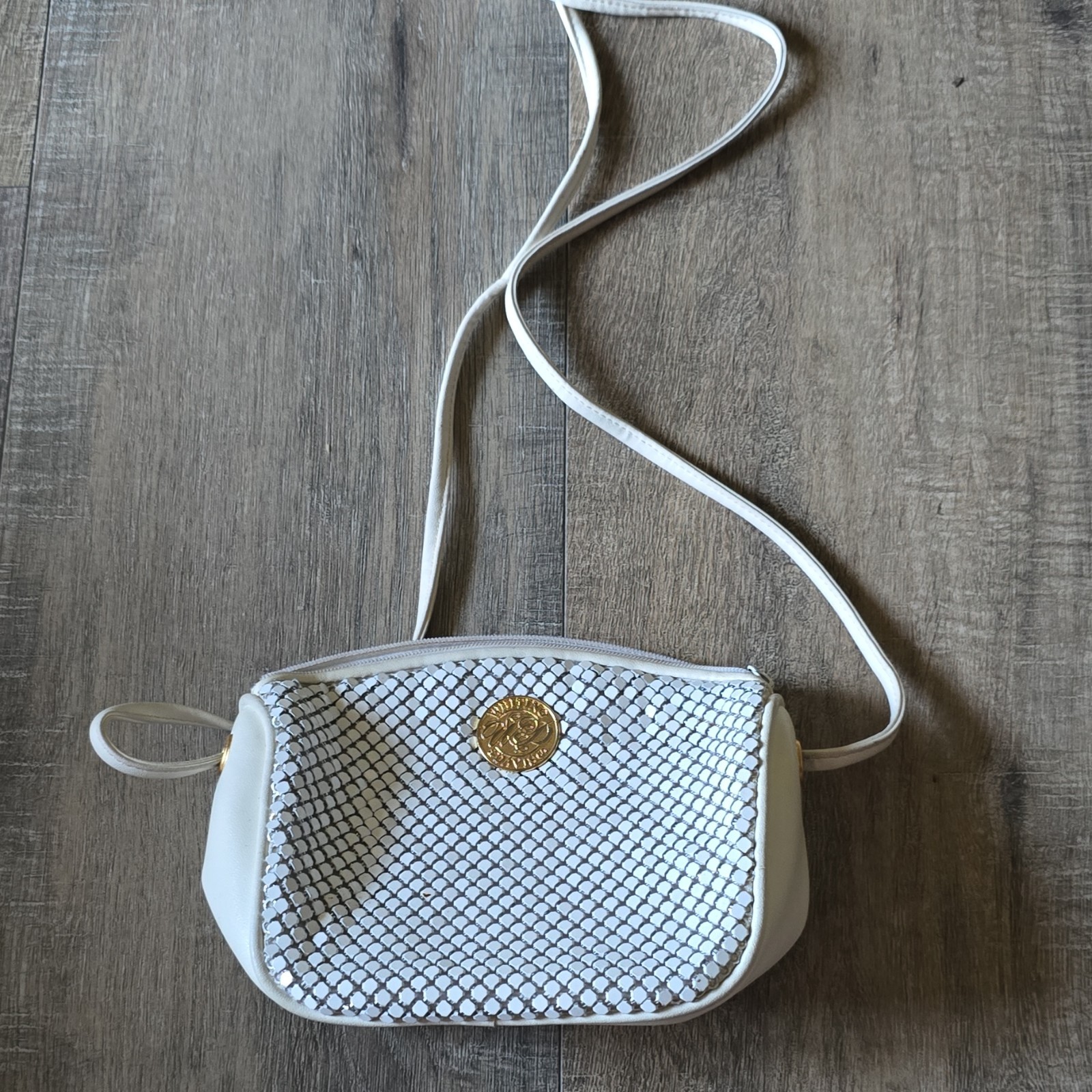 Whiting & Davis White Geometric Crossbody Bag, Zip, Silver HW, Pockets