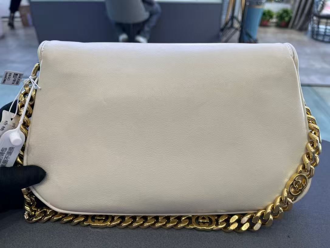 Auth Gucci Blondie Mini White Leather Shoulder Bag 21.5cm GG Logo Chain