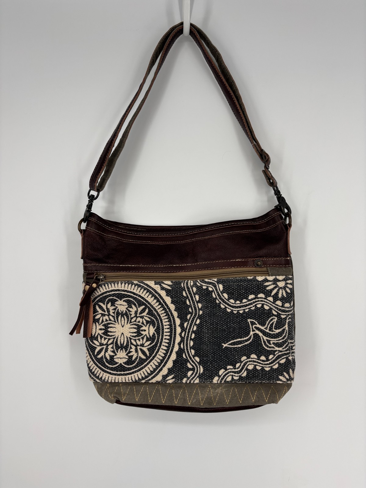 Myra Crossbody Shoulder Bag Gray Canvas Brown Leather Geometric Boho Western