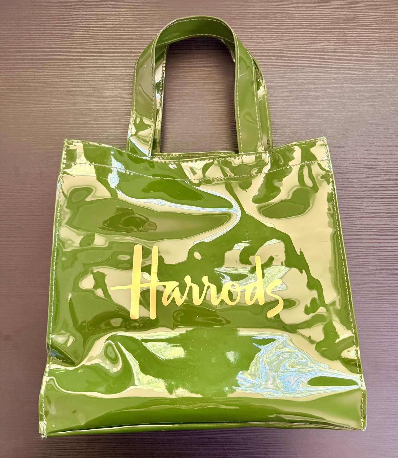 Harrods of London Green Patent PVC Tote Bag Shopper Luxury