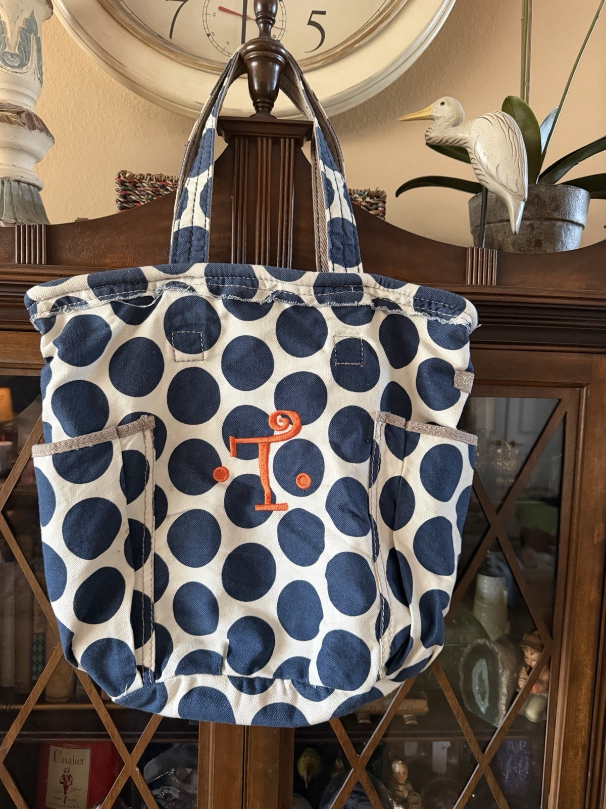 Thirty One Retro Metro Blue Polka Dot Large Canvas Bag Tote Interior Pocket w/ T