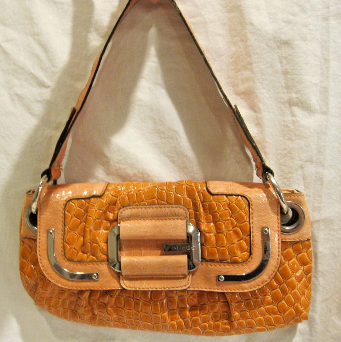 Vtg GUESS Y2K Summar Orange Crocodile Patent Faux Leather Shoulder Bag Purse