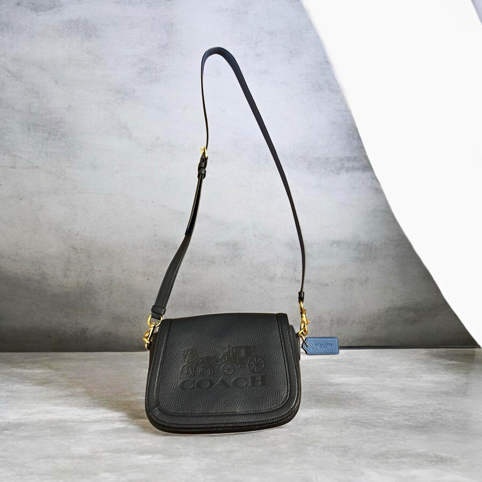 Coach Black Small Crossbody Pebbled Blue Adjustable Strap Gold Hardware