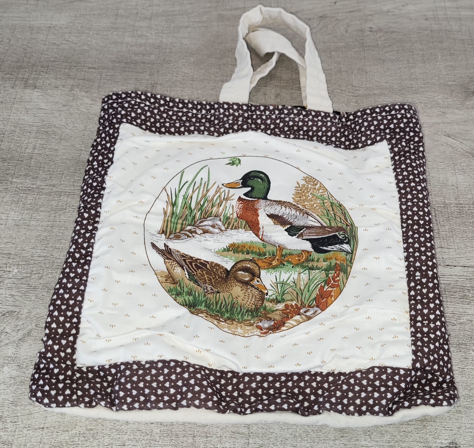 Vtg 90s Mallard Duck Cotton Canvas Book Tote Bag Purse Lined Pockets Handmade