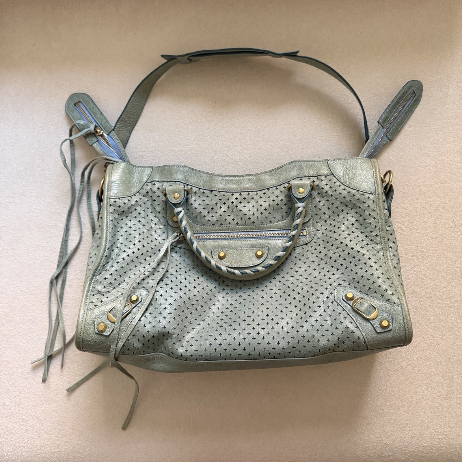 RARE Balenciaga Vintage City Bag in Perforated Pistachio Green + Baby Blue