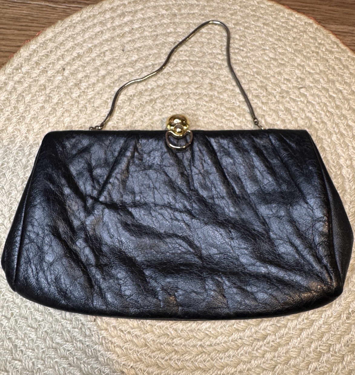 Vintage Etra Black Genuine Leather Clutch with Chain and Gold Clasp