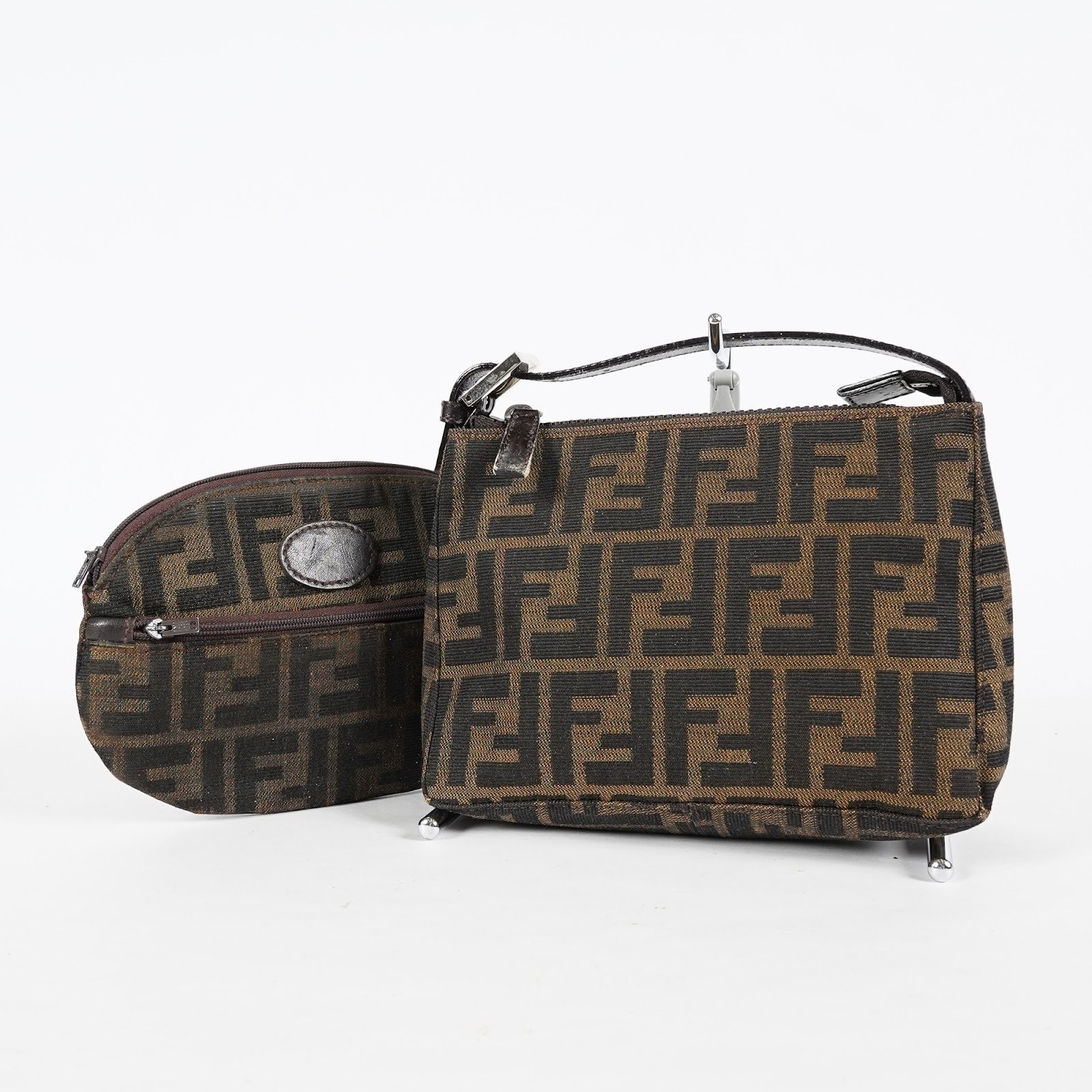 Fendi Zucca Pouch Set of 2 17cm Brown Canvas Leather Vintage Used 08E132310012