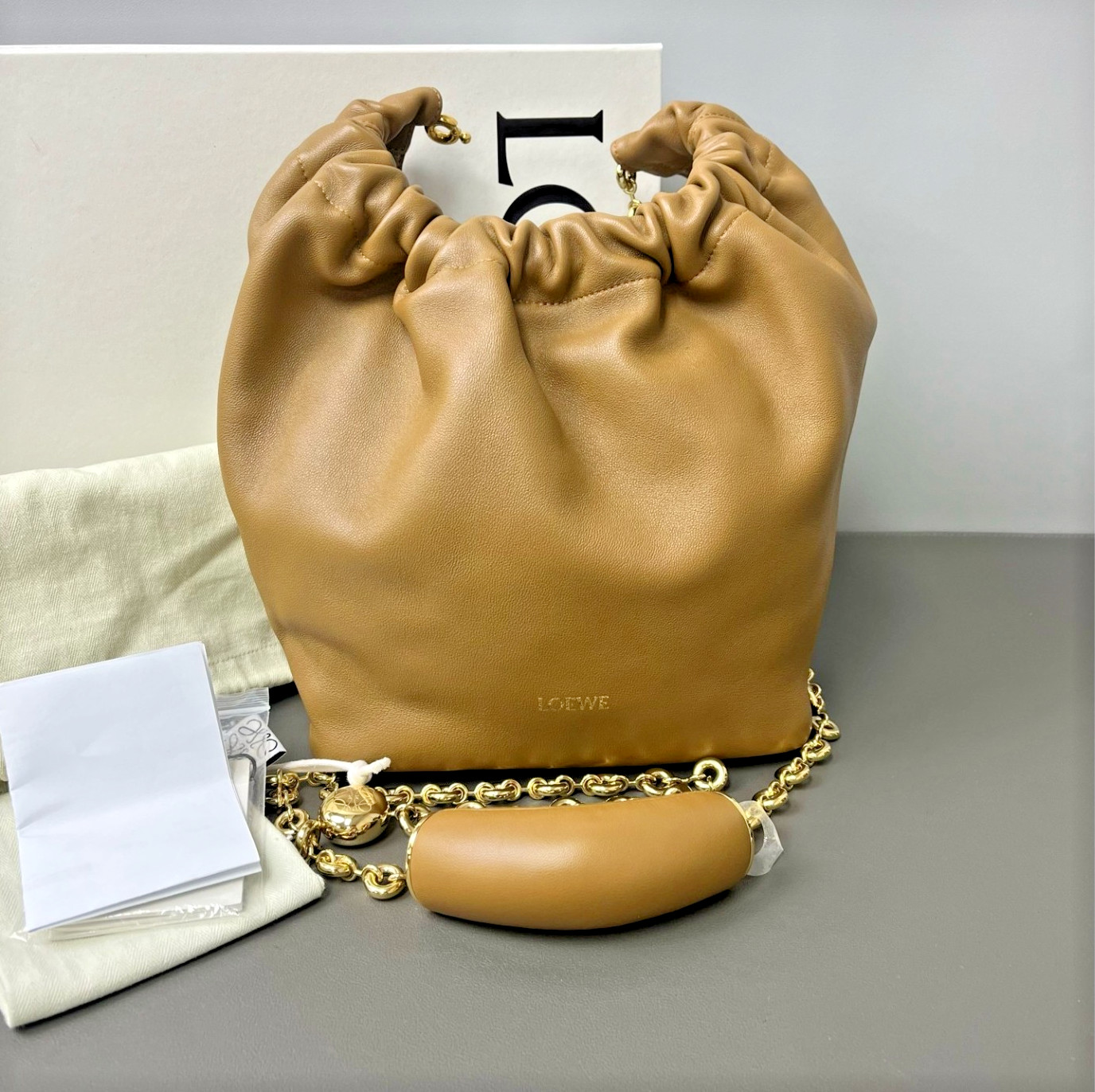Authentic Loewe Squeeze Nappa Sheepskin Bucket Bag Orange-Brown Gold-Tone eBay