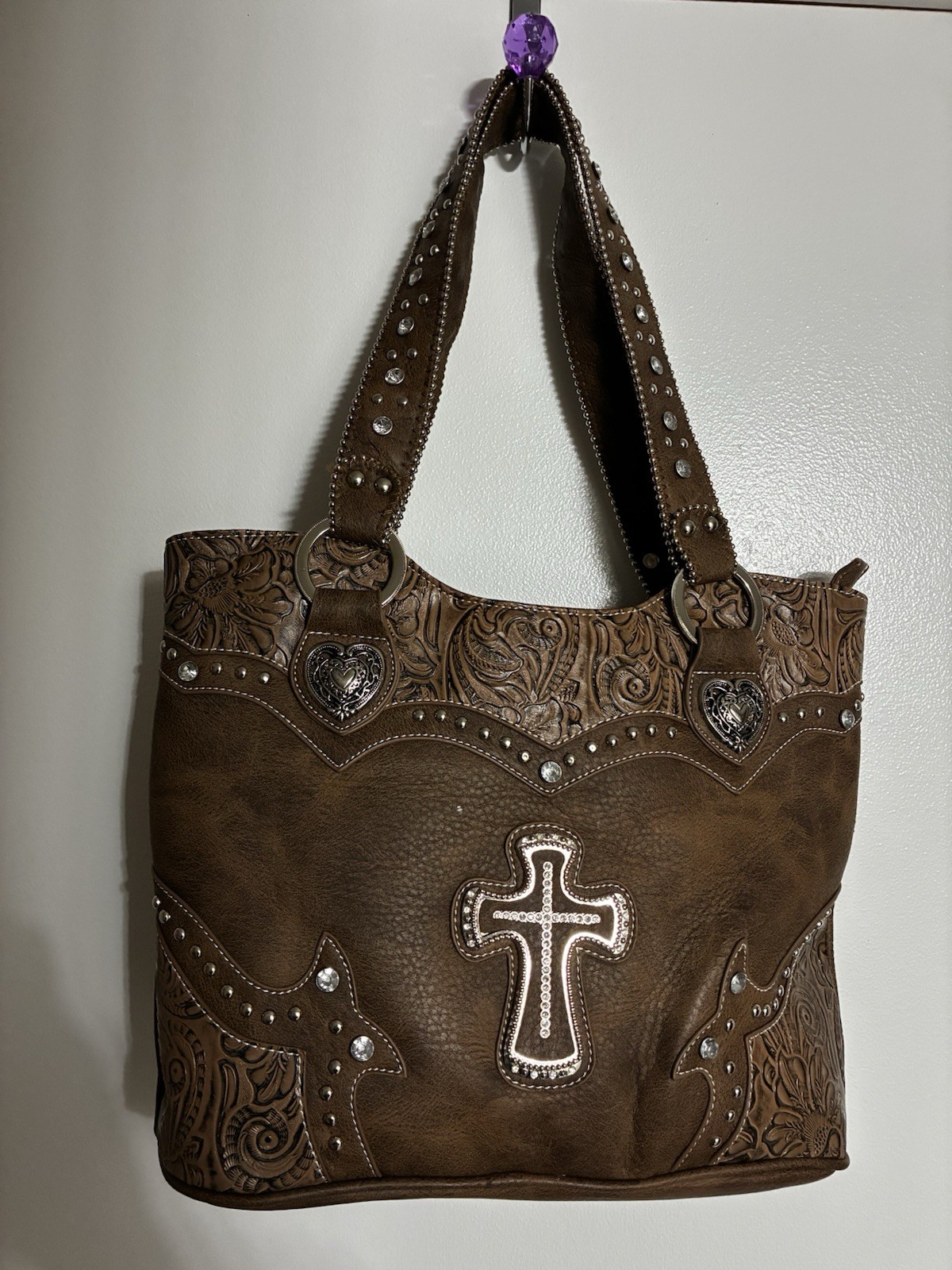 Cross Embellished Shoulder Bag with Rhinestones and Faux Leather Purse