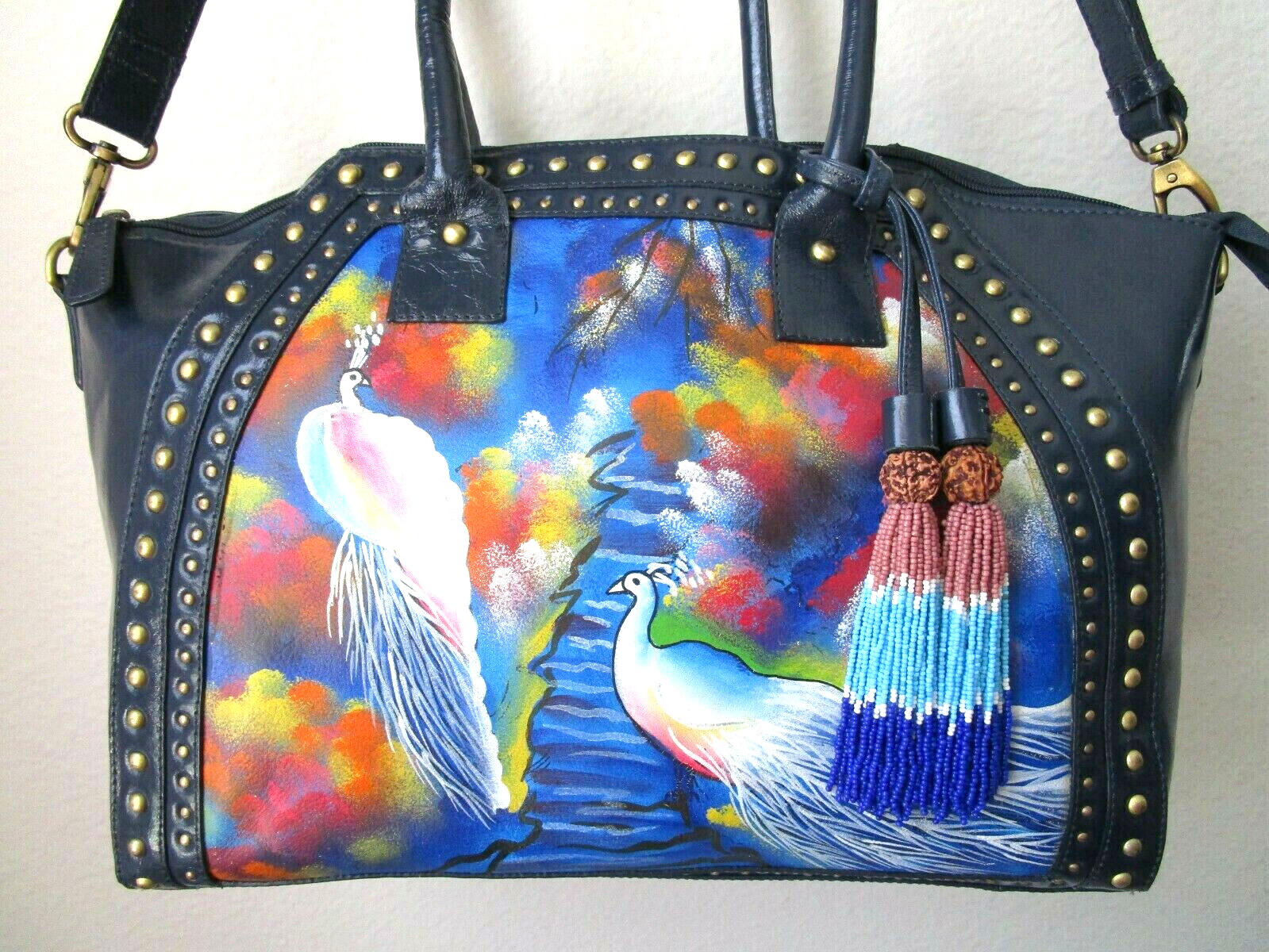 Sharif Leather Peacock Satchel Large Blue Hand Painted Studded NWT