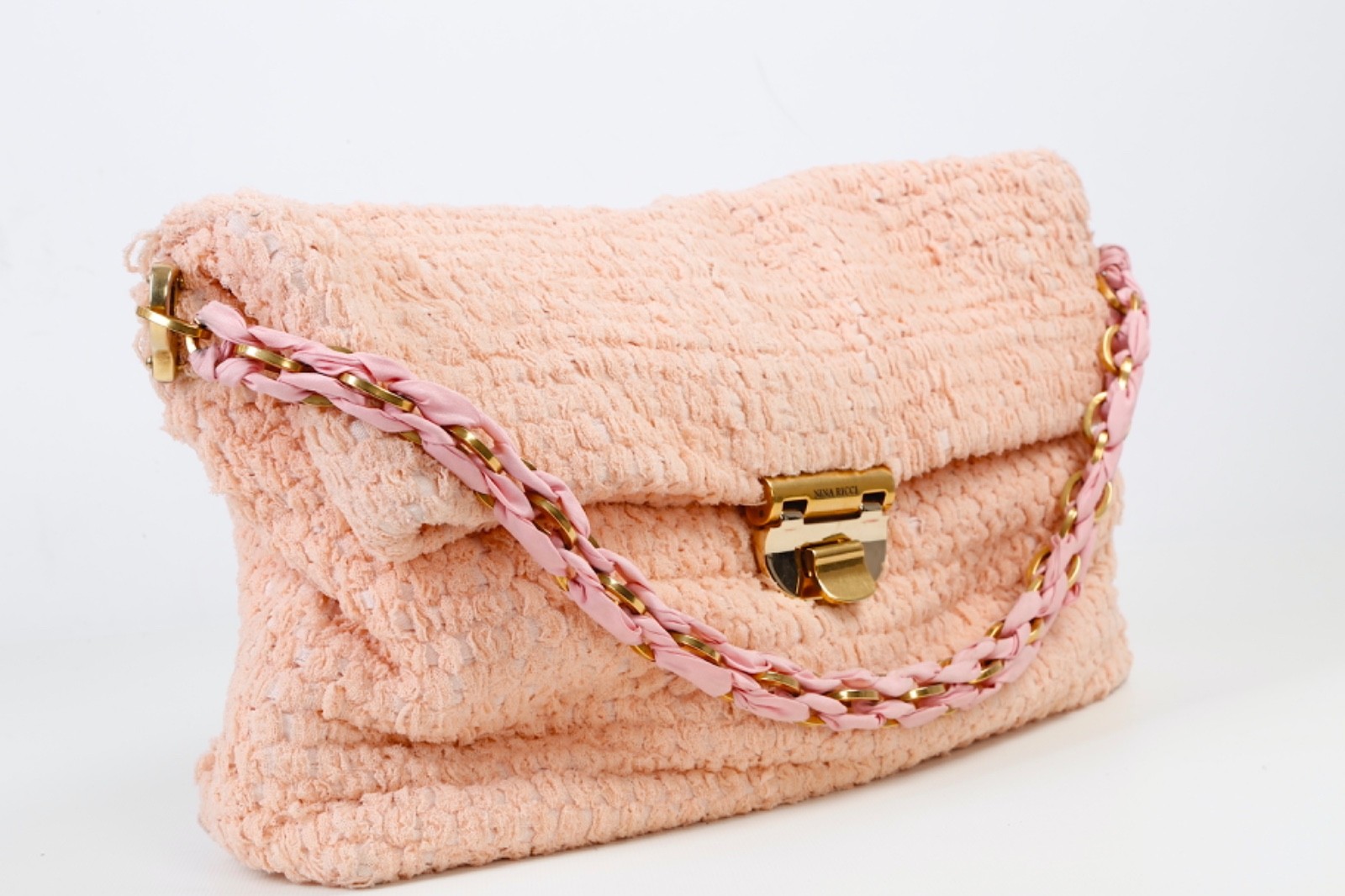 Nina Ricci Liane Pink Bouclé Shoulder Bag Chain Strap Tweed Evening Purse