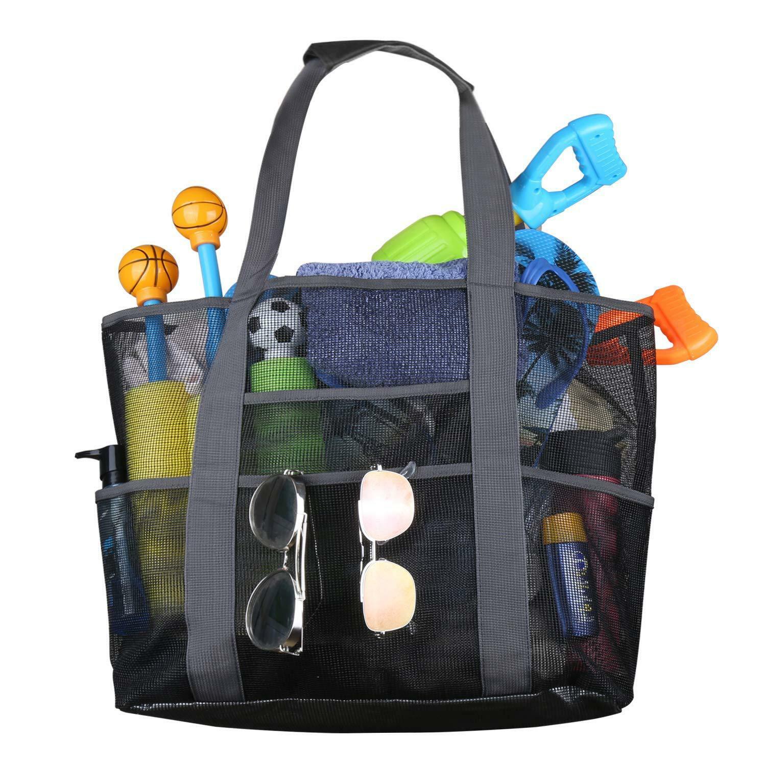 Extra Large Summer Beach Mesh Bag Picnic Tote w/Zipper N 8 Pockets XL 28″x15″x7″