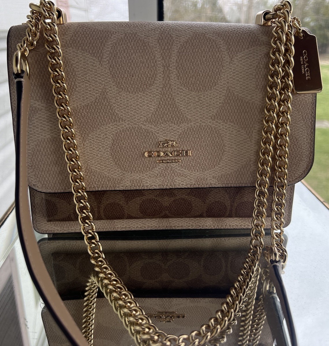 Coach Signature Logo Snap Flap Crossbody Bag Beige/Brown Gold Chain Strap