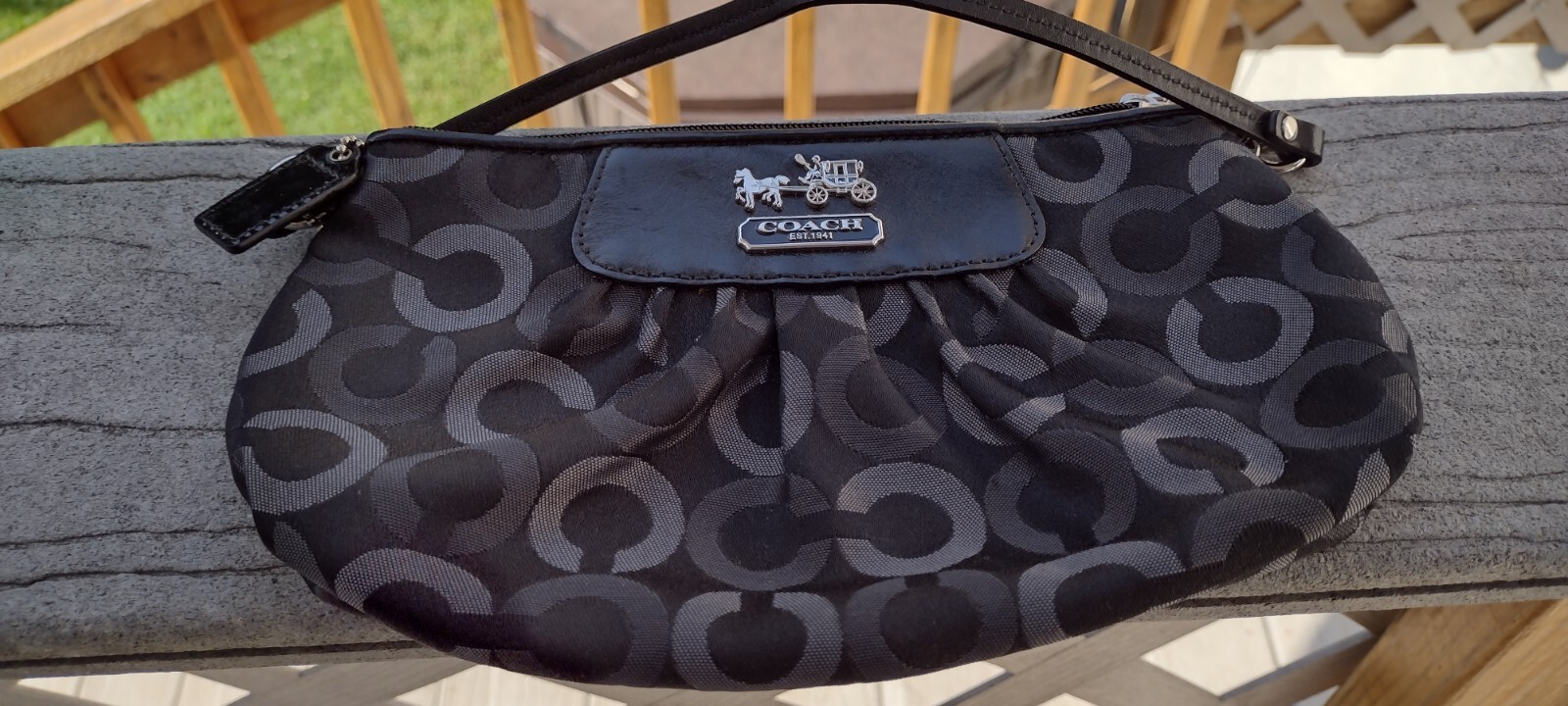 Coach Signature Black & Silver Leather Trim Wristlet Approx 5 1/2″ L x 9 1/2″ W