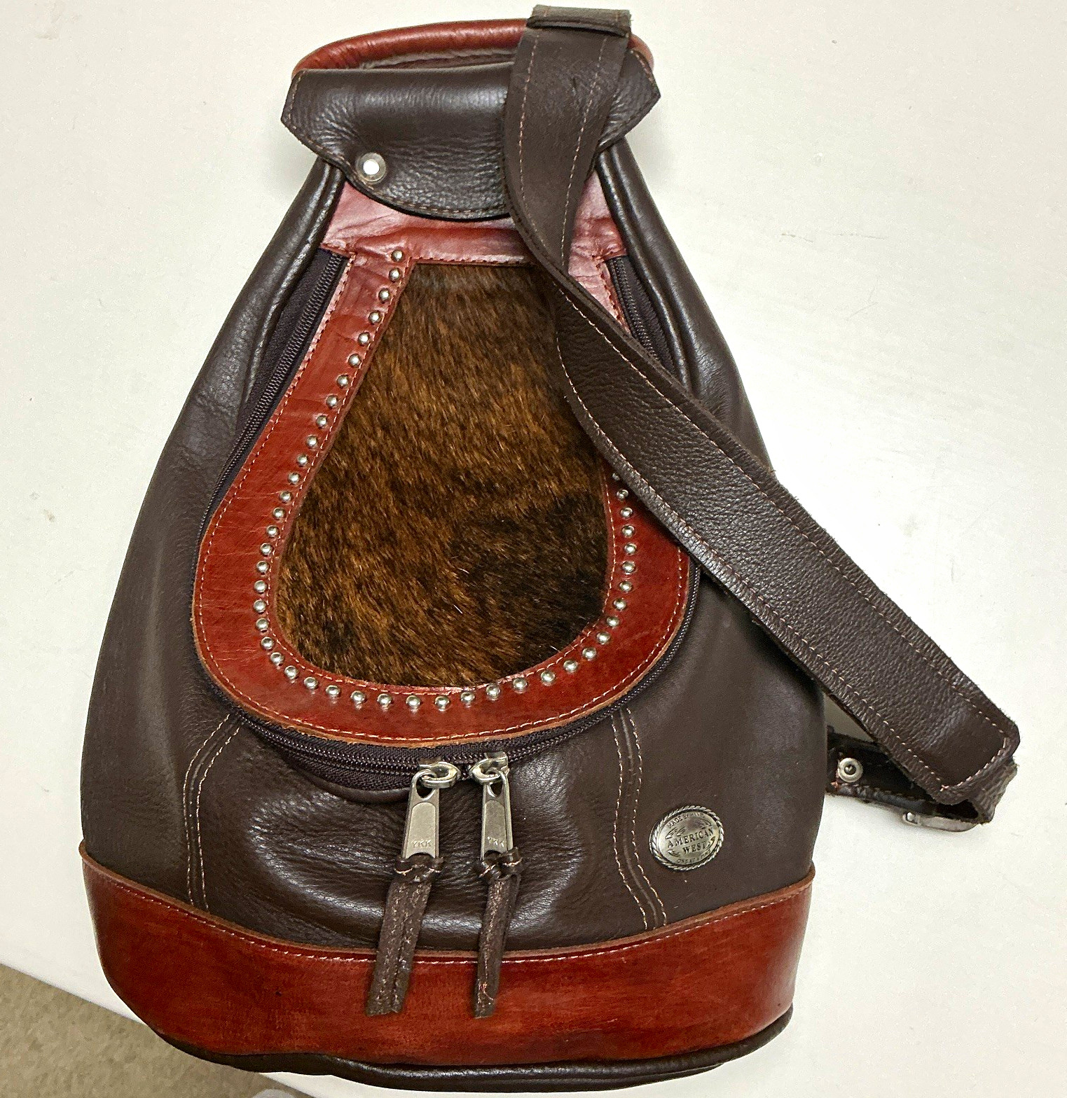 AMERICAN WEST Handmade Brown Sling Backpack Hair-On Hide Panel Studded Zip