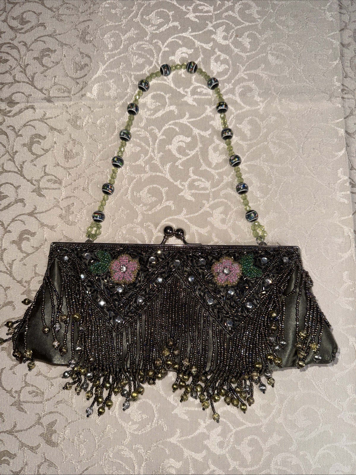 Vintage 70’s Green, Pink& Gold Beaded Flapper/Evening Bag Floral Design Tassels