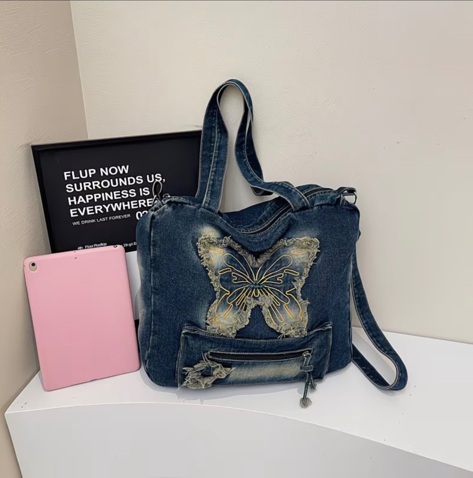 Dark Blue Denim Crossbody Shoulder Bag With Butterfly Design