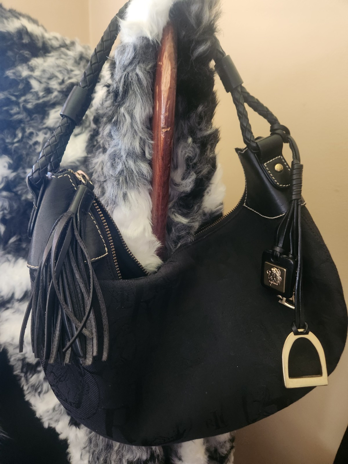 Ralph Lauren Black Logo Hobo Shoulder Bag Zip Braided Strap Tassel Stirrup