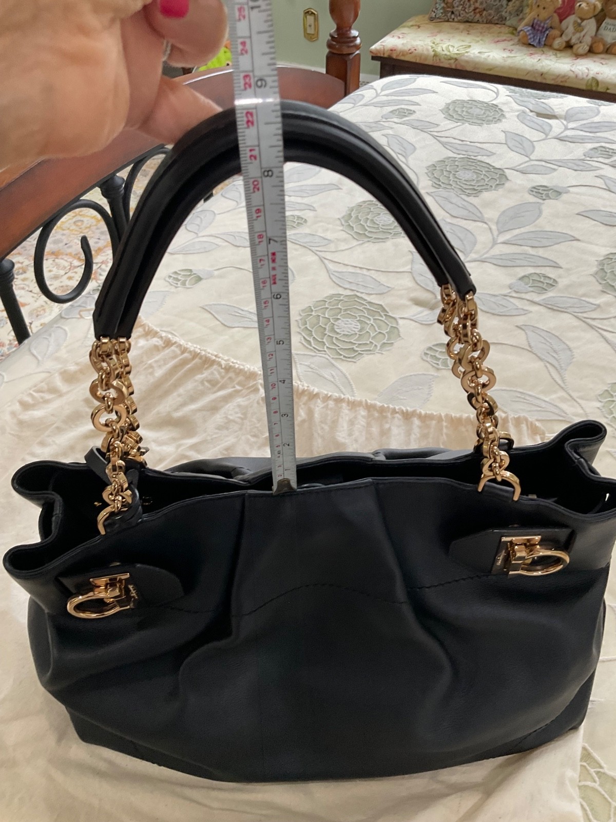 ferragamo Gancini Black Leather Shoulder Bag W Gold Hardwear In Dust Bag