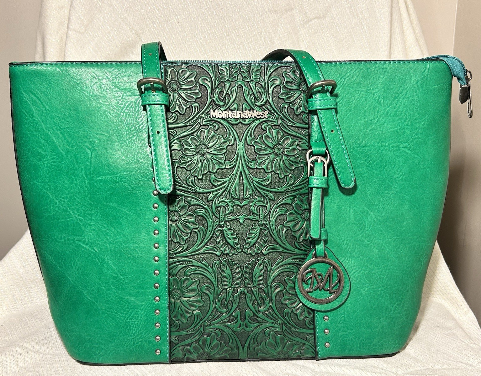 Montana West Select Green Embossed Floral Tote Bag Zip Closure w/ M Charm