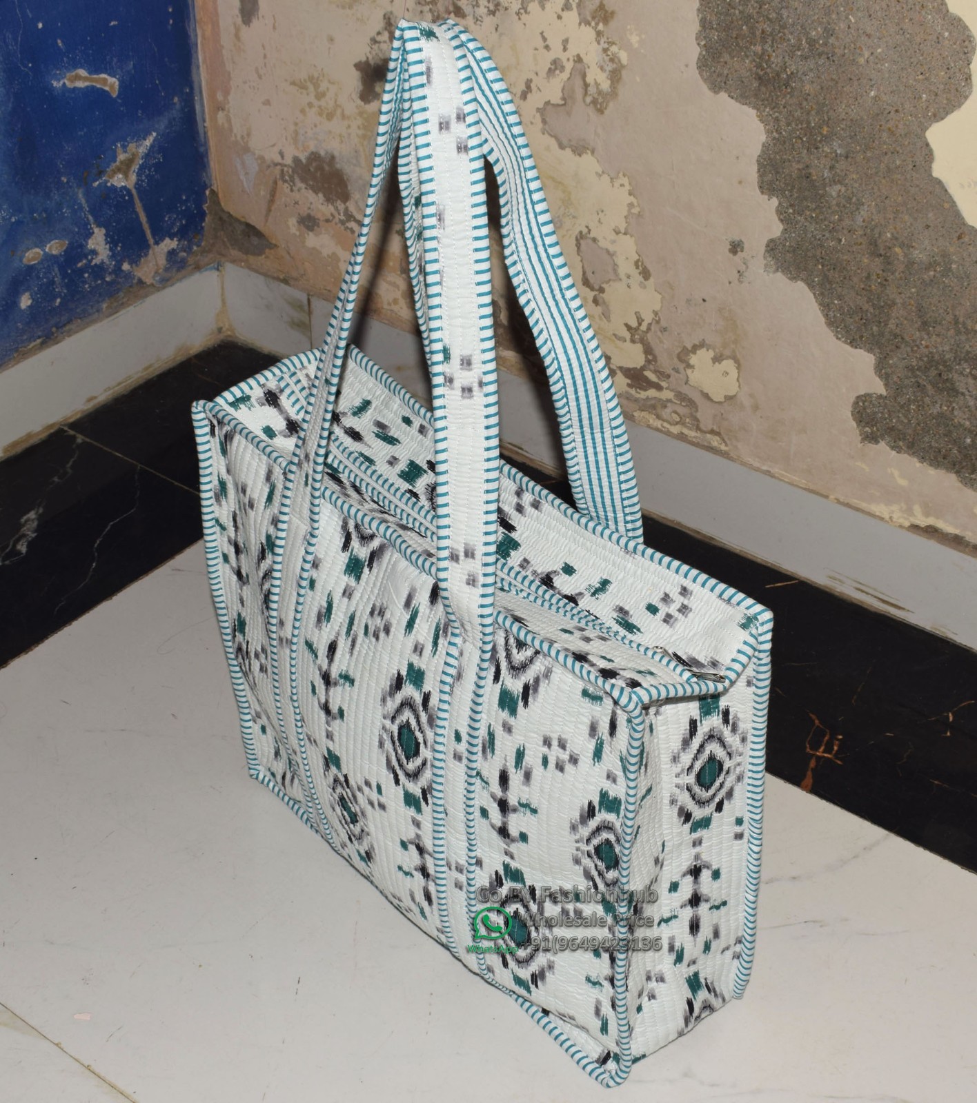 Handmade Quilted Ikat Tote Bag Geometric Cotton Handbag Vintage Bohemian Bags