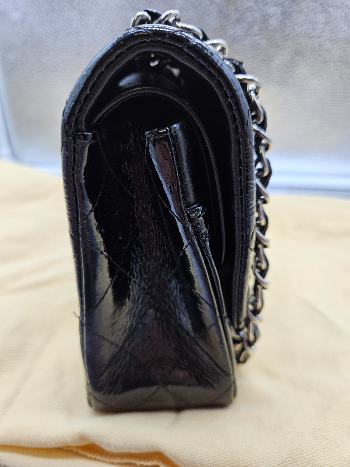 Authentic CHANEL Classic Quilted Patent Leather Double Flap Bag – Black